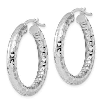 Rhodium Over Sterling Silver 4.00mm Diamond-cut Hoop Earrings