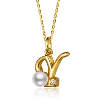 Initial Y Pear Shape CZ And Pearl Pendant Necklace In 14K Gold Over Brass