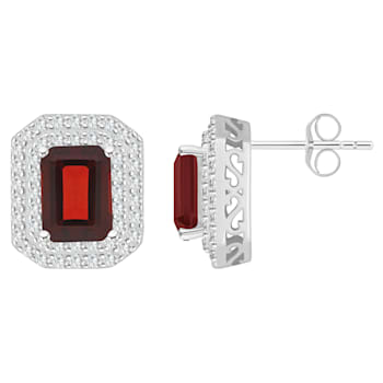 8x6mm Emerald Cut Garnet And White Topaz Accent Rhodium Over Sterling
Silver Double Halo Earrings