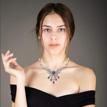 Ruby Red Cubic Zirconia, Rhodium Plated Over Sterling Silver Teardrop Necklace