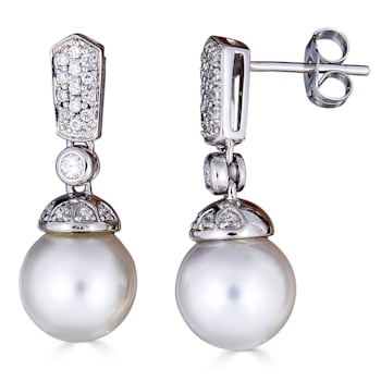 14KW Drop Earrings  0.32 ctrw Diamond 9mm Cultured Pearl