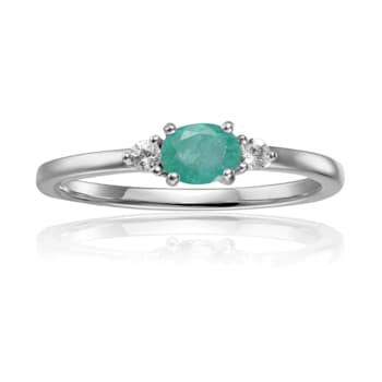 Emerald and White Sapphire Sterling Silver Dainty Ring, 0.43ctw