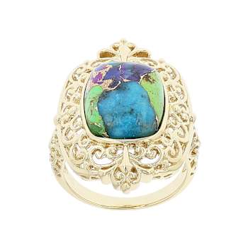 Multi-Color Blended Turquoise and Filigree Ring In 18K Gold Over
Sterling Silver 14x11mm
