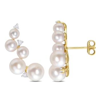 Freshwater Cultured Pearl and 1/4  CT TGW White Topaz Earrings in Yellow
Plated Sterling Silver