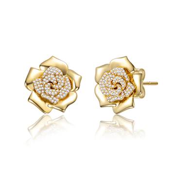 Pave CZ Flower Stud Earrings In 14K Gold Over Brass