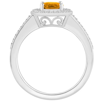 8x6mm Oval Citrine 1/5 ctw Diamond Rhodium Over Sterling Silver Halo Ring