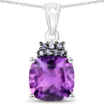 Purple Amethyst and Tanzanite  Cushion Cut Sterling Silver Necklace