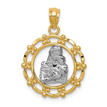 14k Two-tone Gold Textured Mother Holding Baby in Circle Pendant