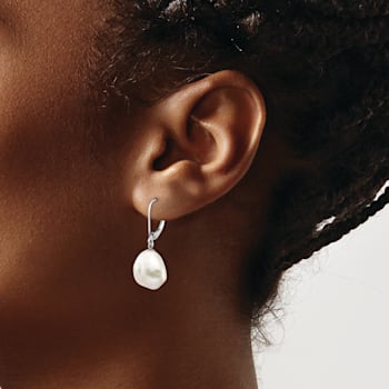 Rhodium Over 14K White Gold 13x15mm Keshi White Freshwater Cultured
Pearl Dangle Earrings