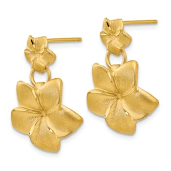 14k Yellow Gold Satin and Diamond-Cut Plumeria Dangle Earrings