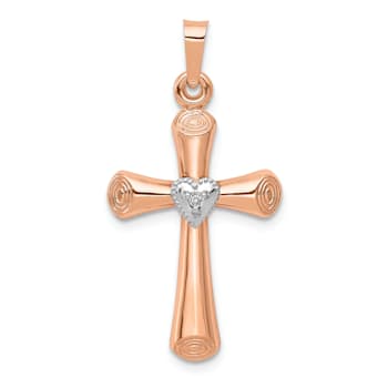14k Rose Gold and 14k White Gold Diamond Latin Cross with Heart Pendant