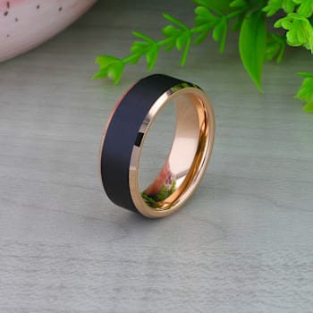 HAYDEN Rose Gold Plated Tungsten Polished Beveled Ring with Brushed
Black Center 8mm