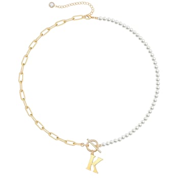 14K Gold Over Brass Initial Pearl Simulant Link Chain Necklace Letter K