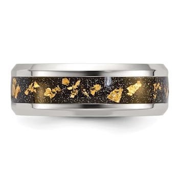 Stainless Steel Polished with Black and Gold Foil Inlay 8mm Band