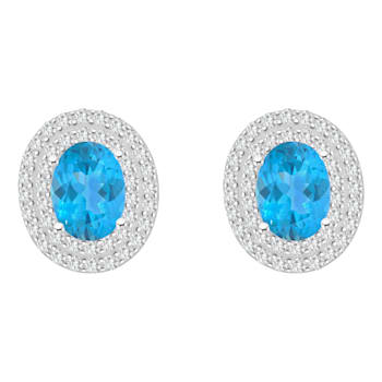8x6mm Oval Swiss Blue Topaz And White Topaz Rhodium Over Sterling Silver
Double Halo Stud Earrings
