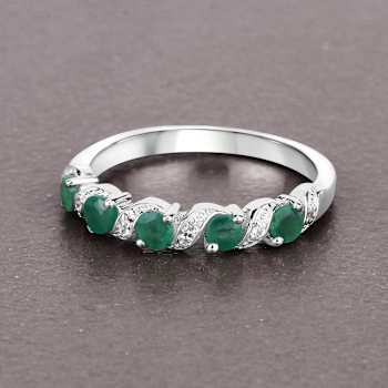 Green Emerald and White Topaz Sterling Silver 5 Stone Band Ring