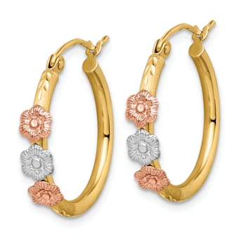 14K Yellow Gold, 14K White Gold and 14K Rose Gold 13/16" Satin and
Diamond-Cut Flower Hoop Earrings