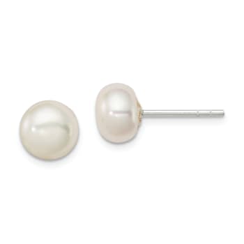Sterling Silver White Freshwater Cultured Pearl 7-8mm Button Earrings