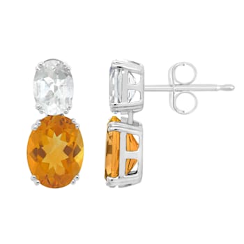 9x7mm Oval Citrine And White Topaz Rhodium Over Sterling Silver Earrings