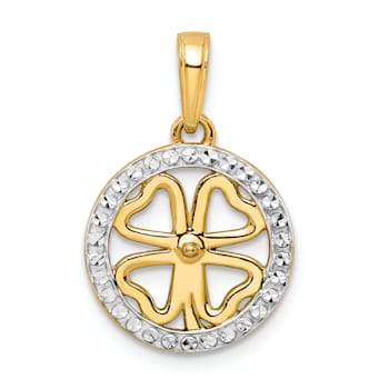 14K Yellow Gold with White Rhodium Diamond-Cut Four-leaf Clover Pendant