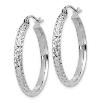 Rhodium Over 14k White Gold 1/1" Diamond-Cut Hoop Earrings