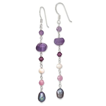Sterling Silver Freshwater Black and White Pearl, Amethyst, and Lavender
Jadeite Dangle Earrings