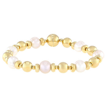 Cultured Freshwater Pearl And Bead Station Bracelet In 18K Gold Over
Bronze 8mm Magnetic Clasp