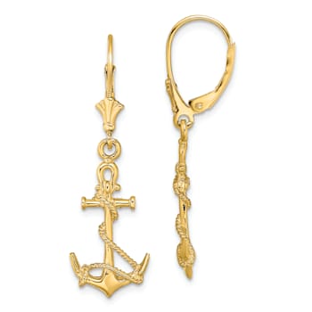 14k Yellow Gold 3D Textured Anchor with Shackle and Entwined Rope Dangle Earrings