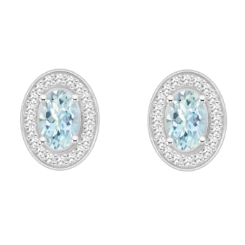 6x4mm Oval Aquamarine 1/5 ctw Diamond Rhodium Over Sterling Silver Halo
Stud Earrings