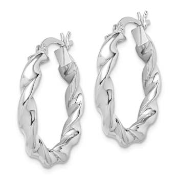 Rhodium Over Sterling Silver Twisted 3.5x25mm Hoop Earrings