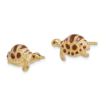 14k Yellow Gold Textured Brown Enamel Turtle Stud Earrings