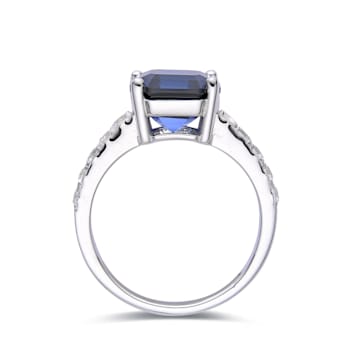 Blue Asscher Cut Lab Created Sapphire, Round White Topaz Accents Rhodium
Over Silver Ring for Women