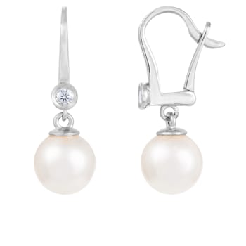 7-8mm Akoya Pearl with Diamond Accent 14K White Gold Leverback Earrings, 0.10ctw