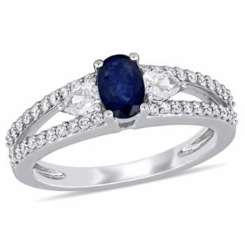 Blue Sapphire and Diamond 14K White Gold Ring 1.10ctw