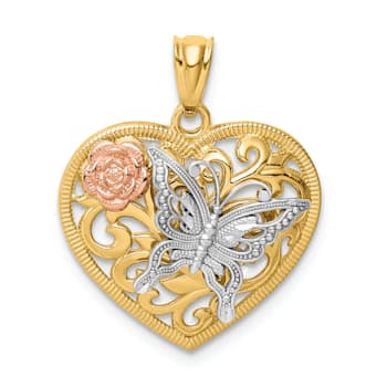 14k Tri-color Gold Textured Butterfly Heart Pendant