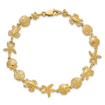14k Yellow Gold Textured Turtle, Sand Dollar, Shell and Starfish Link Bracelet