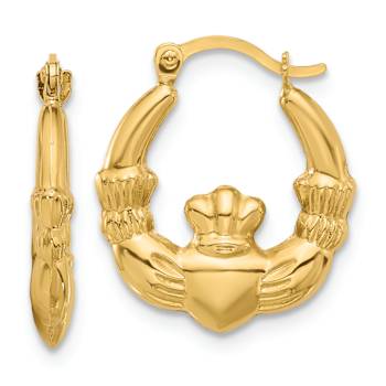 14k Yellow Gold 11/16" Polished and Textured Claddagh Hoop Earrings