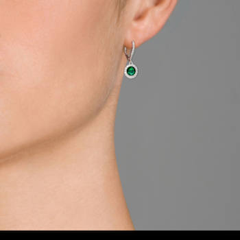 Emerald Color CZ Halo Drop Earrings In Sterling Silver