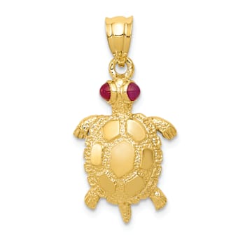 14K Yellow Gold Turtle with Ruby Eyes Pendant
