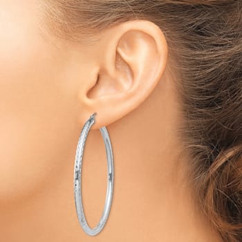 Rhodium Over Sterling Silver 3.00mm Diamond-cut Hoop Earrings