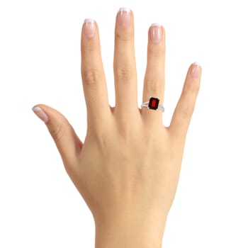 10x8mm Emerald Cut Garnet Rhodium Over Sterling Silver Ring