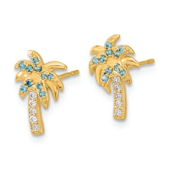 14k Yellow Gold Textured Blue and Clear Cubic Zirconia Palm Tree Stud Earrings