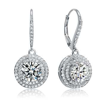 CZ Halo Drop Earrings In Sterling Silver
