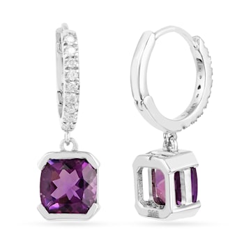 Square Cushion Amethyst with Moissanite Accents Rhodium Over Sterling
Silver Halo Drop Earrings