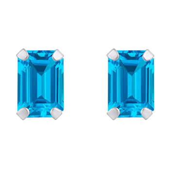 6x4mm Emerald Cut Blue Topaz Rhodium Over 10k White Gold Stud Earrings