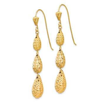 14k Yellow Gold Puff Diamond-Cut Teardrop Dangle Earrings