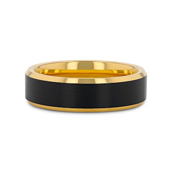 GASTON Gold Plated Tungsten Polished Beveled Ring with Brushed Black
Center 6mm