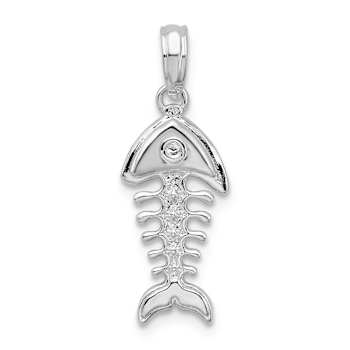 Rhodium Over Sterling Silver Polished 3D Fishbone Pendant