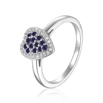 Blue Sapphire and Moissanite Sterling Silver Heart Shape Cluster Ring
