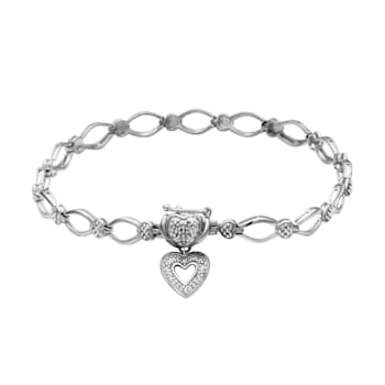 White Diamond Accent Rhodium Over Sterling Silver Heart Charm Bracelet
